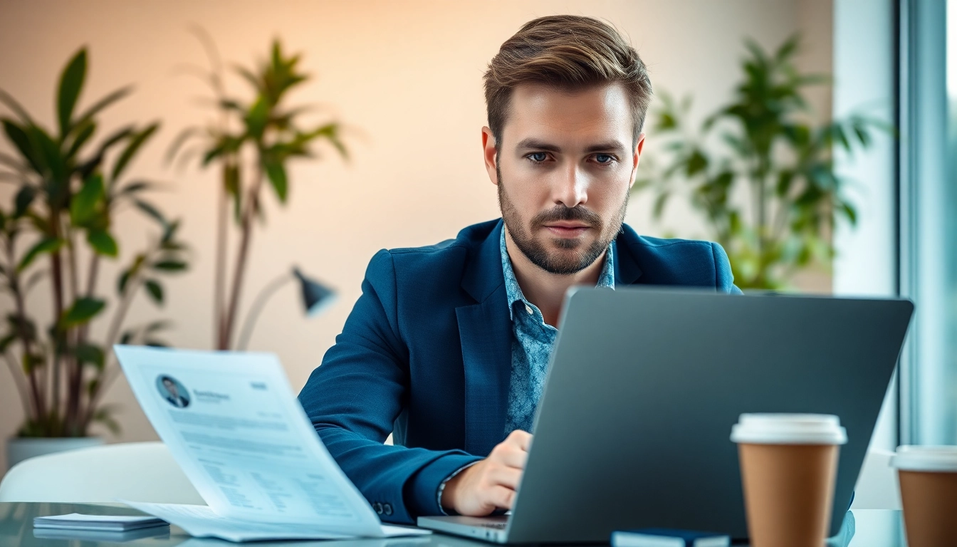 Headhunter IT bei der Arbeit, konzentriert auf Lebensläufe in einem modernen Büro.