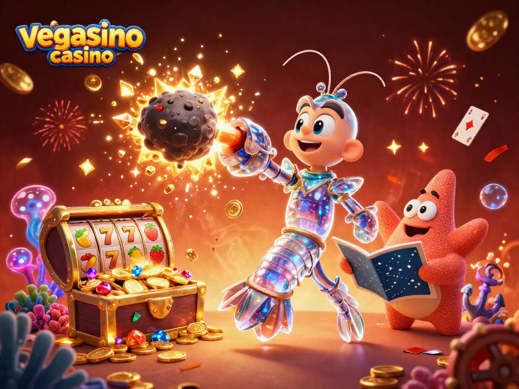Exciting scene showcasing vegasino casino with animated characters, dazzling slots, and gems.
