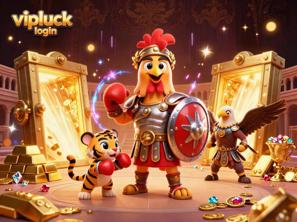Engage with vipluck login in this vibrant 3D scene filled with treasures and casino elements.