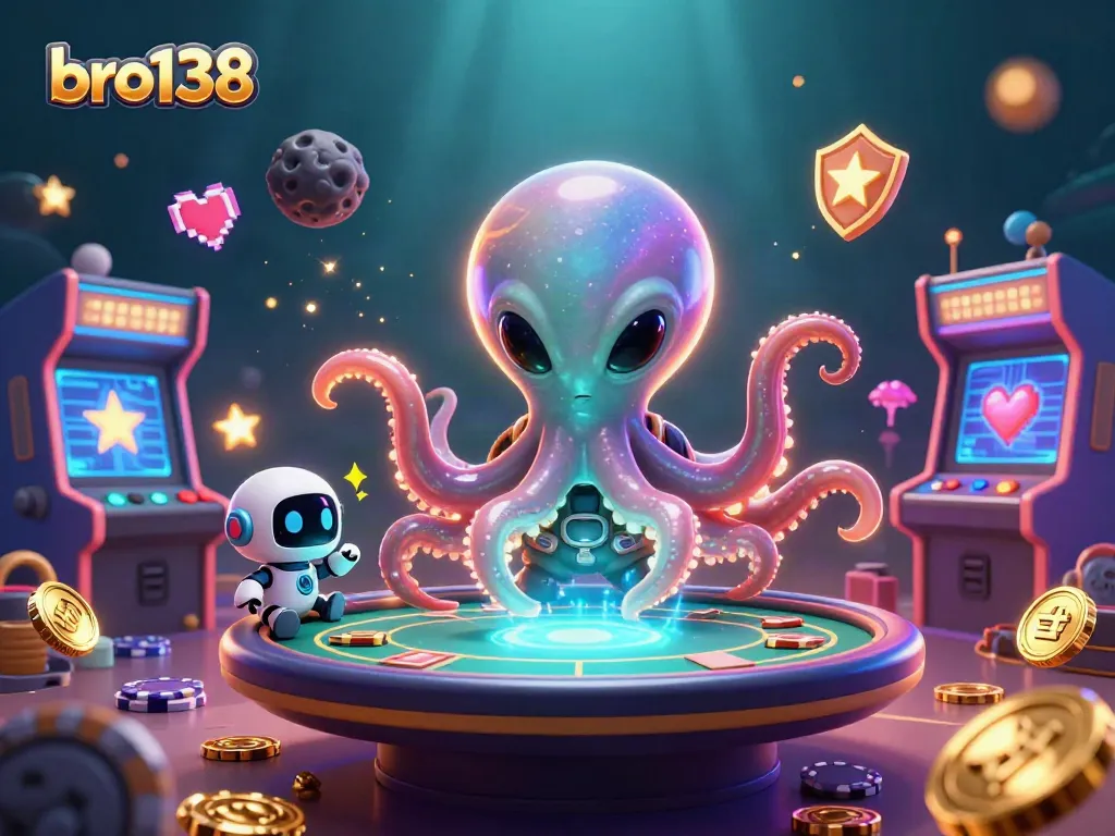 Experience thrilling gaming action at bro138 with a vibrant cosmic octopus and exciting casino elements.