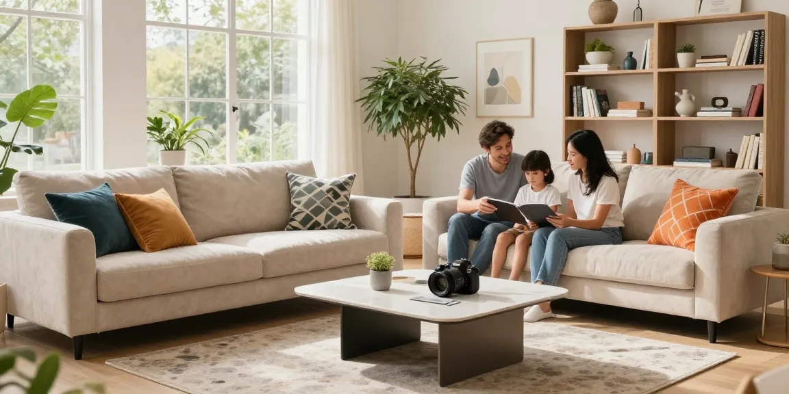 Stilvoller Wohnraum mit Möbeln aus einem Online Möbel Shop, mit gemütlichem Familienbeisammensein und modernem Dekor.