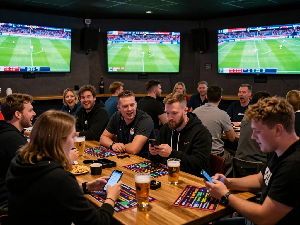 Fans engaging in sports betting action during Bundesliga match at GO8 venue with excitement.