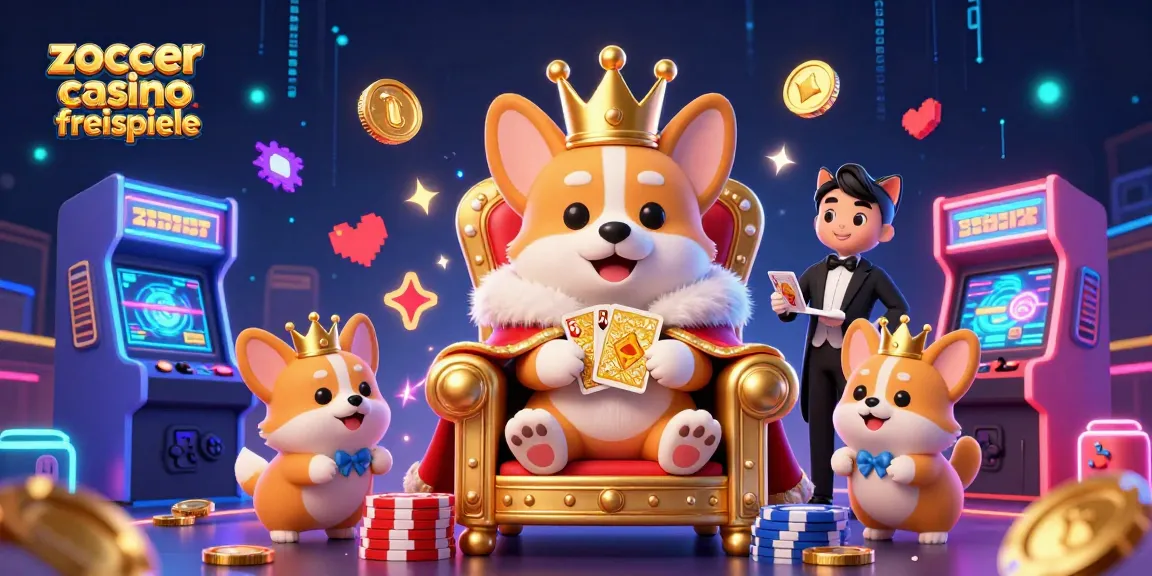 Erlebe Zoccer Casino Freispiele mit einem magischen Royal Corgi, der auf Pokerchips sitzt und von bunten Spielelementen umgeben ist.