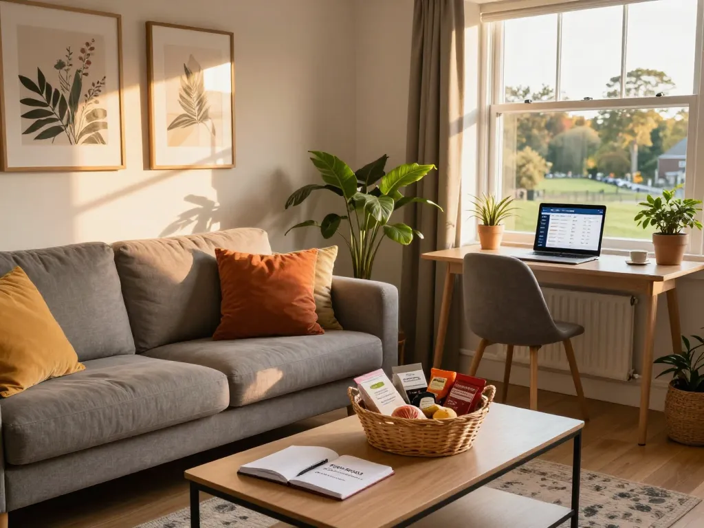Airbnb management in Reading featuring a cozy living room with welcoming decor and a pricing dashboard.
