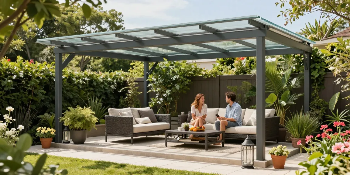 Hochwertige Terrassenüberdachung freistehend in einem einladenden Garten mit Paar, das den sonnigen Nachmittag genießt.