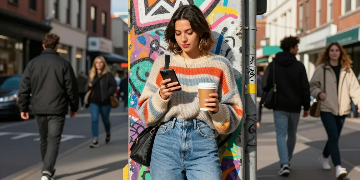 Fashionable individual checking social media on wissenmagazine.de in a vibrant urban environment.