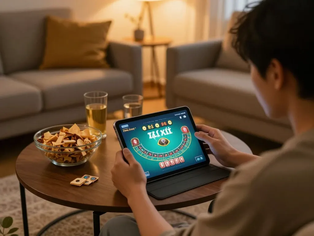 Playing game tài xỉu online on a tablet in a cozy home setting with snacks