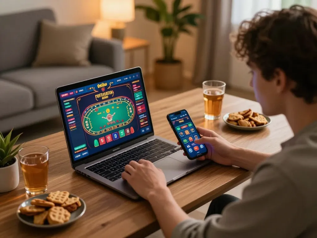 SC88 user engaging in online gambling activity using a laptop and smartphone for seamless gaming.