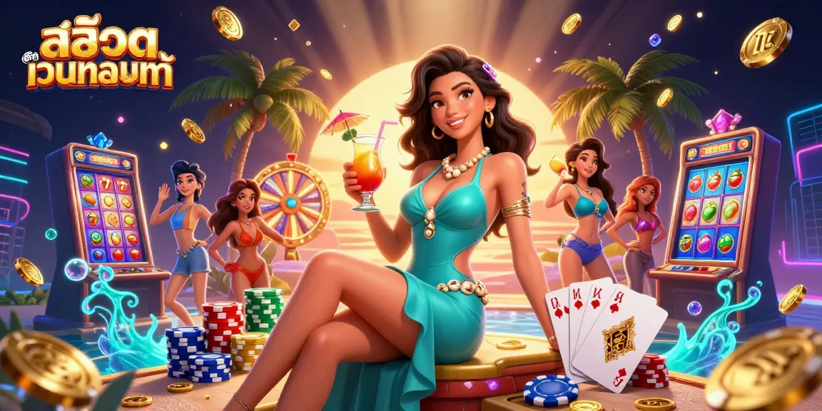 Experience สล็อตเว็บตรงแท้ with vibrant 3D illustration showcasing winning slots and luxurious casino elements.