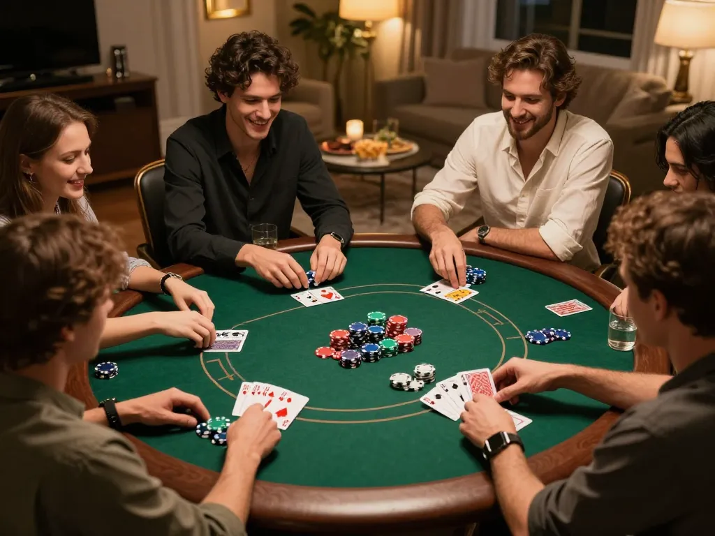 Kkwin players enjoying an intense poker night with friends around a table, chips and cards in action.