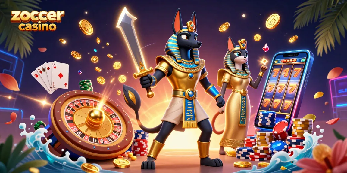 Win big at zoccer casino with dynamic games illustrated by Anubis and Bastet among golden treasures.