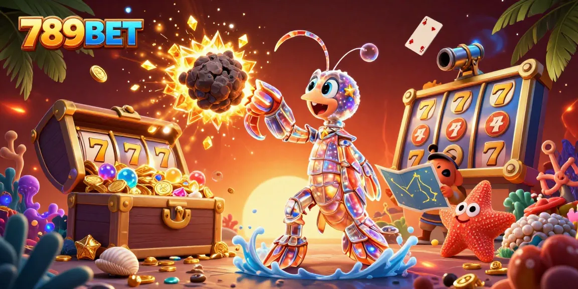 Experience thrilling wins with 789BET at a vibrant 3D casino scene featuring dynamic slot reels and treasures.